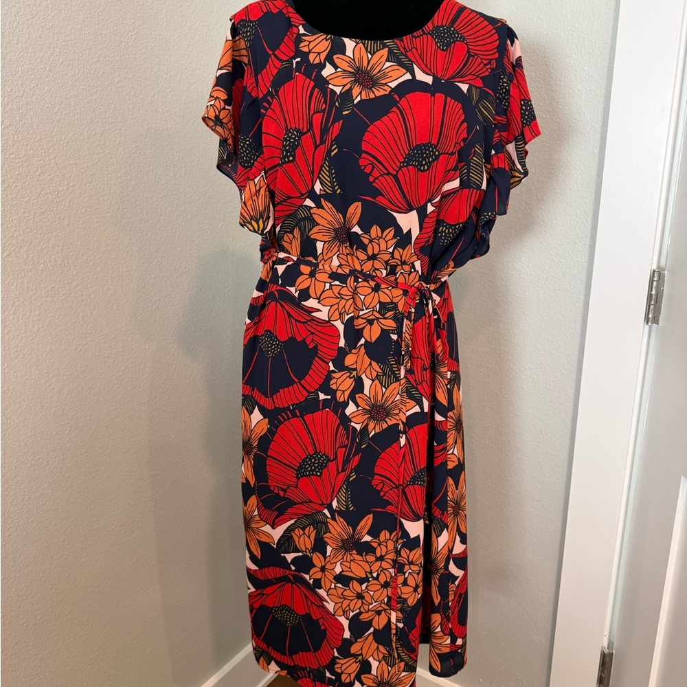 LOFT Red and Orange Floral Midi Dress